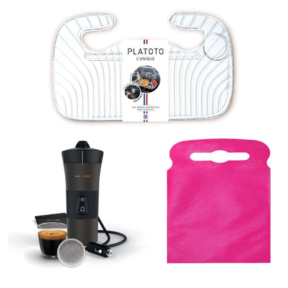Kit nomade business - présenté avec le plateau transparent, la machine à café vue dans son ensemble et le sac poubelle de voiture rose taille L.