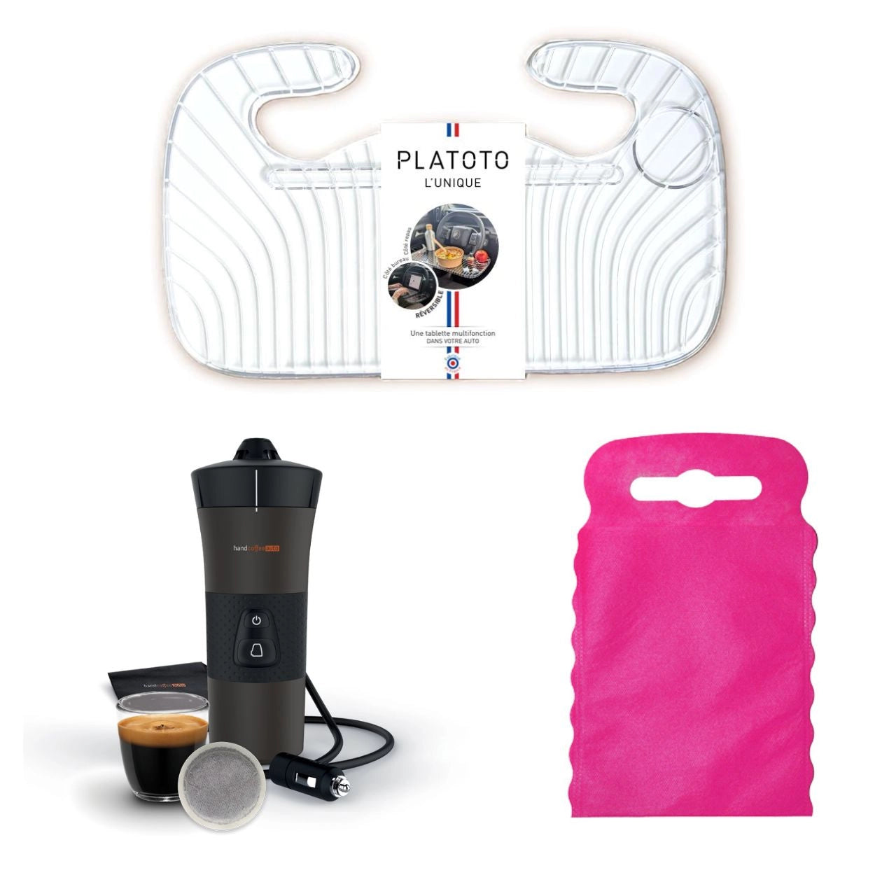 Kit nomade business - présenté avec le plateau transparent, la machine à café vue dans son ensemble et le sac poubelle de voiture rose taille S.