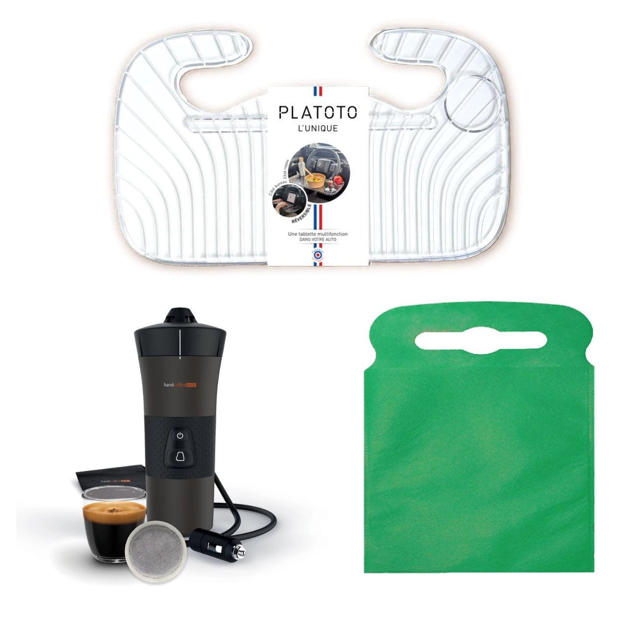 Kit nomade business - présenté avec le plateau transparent, la machine à café vue dans son ensemble et le sac poubelle de voiture vert taille L.
