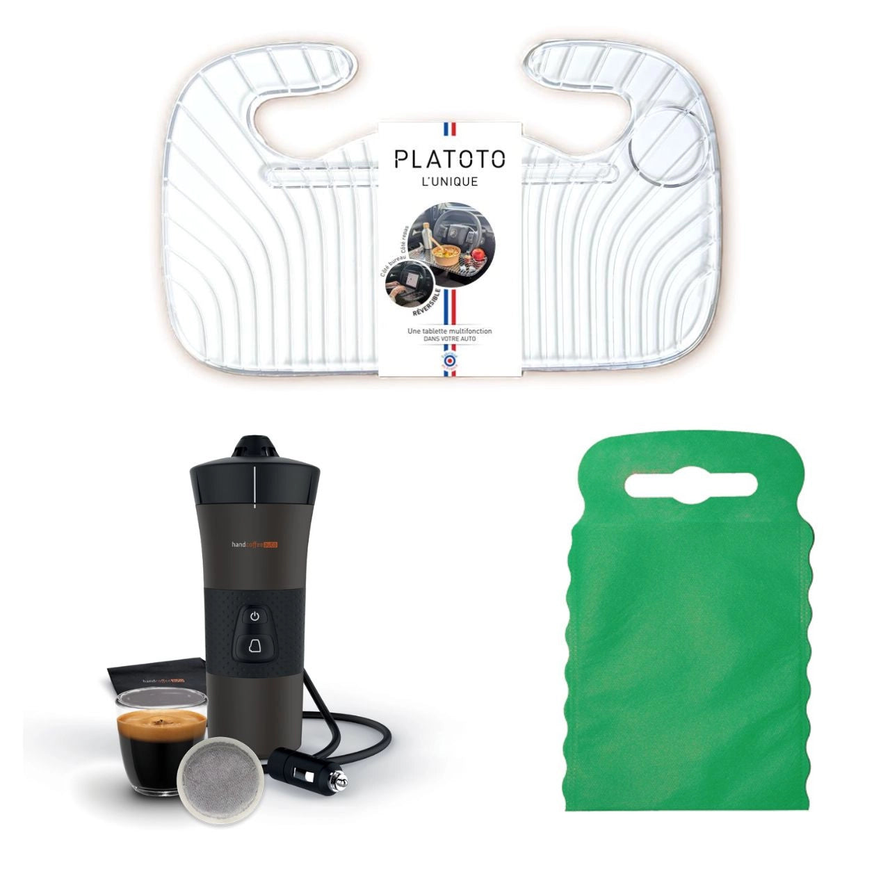 Kit nomade business - présenté avec le plateau transparent, la machine à café vue dans son ensemble et le sac poubelle de voiture vert taille S.