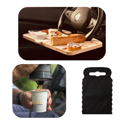 Kit nomade business de luxe- présenté avec le plateau bois avec un repas dessus, la machine à café en action et le sac poubelle de voiture noir taille S.