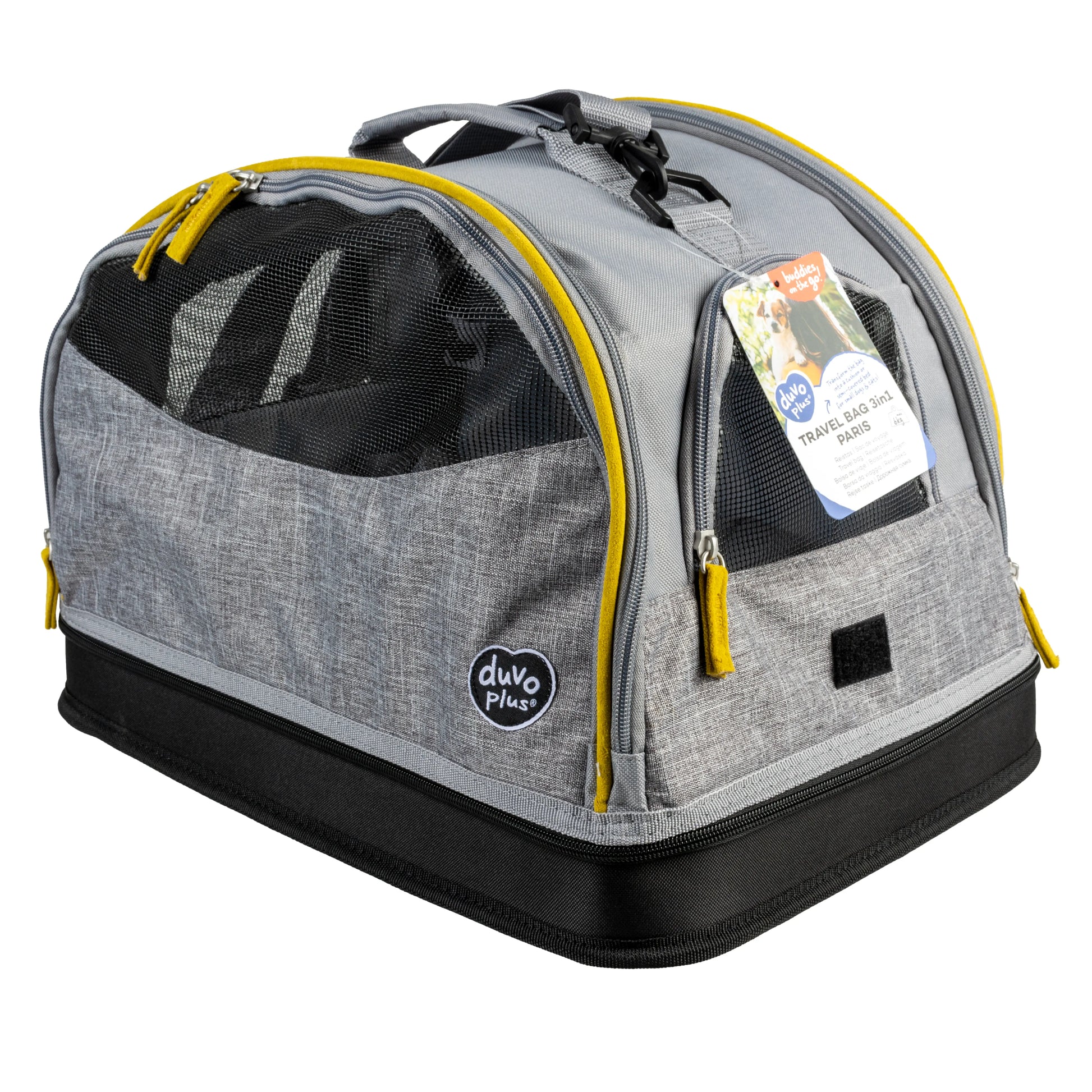 Sac de voyage pour chien 3-en-1 de couleur gris et jaune moutarde