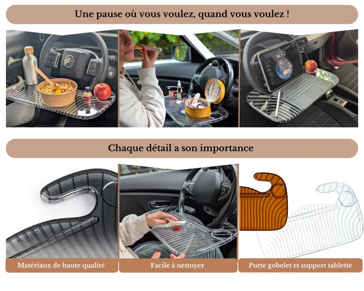 Platoto transparent – vues en différentes situations : repas, maquillage, travail