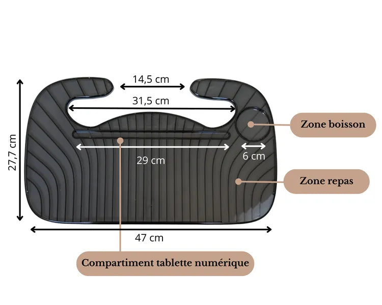 Platoto noir- vue avec les différentes dimensions du plateau et zone boisson, sone repas et compartiment tablette numérique