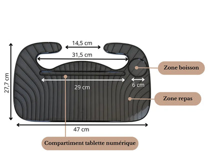 Platoto noir- vue avec les différentes dimensions du plateau et zone boisson, sone repas et compartiment tablette numérique