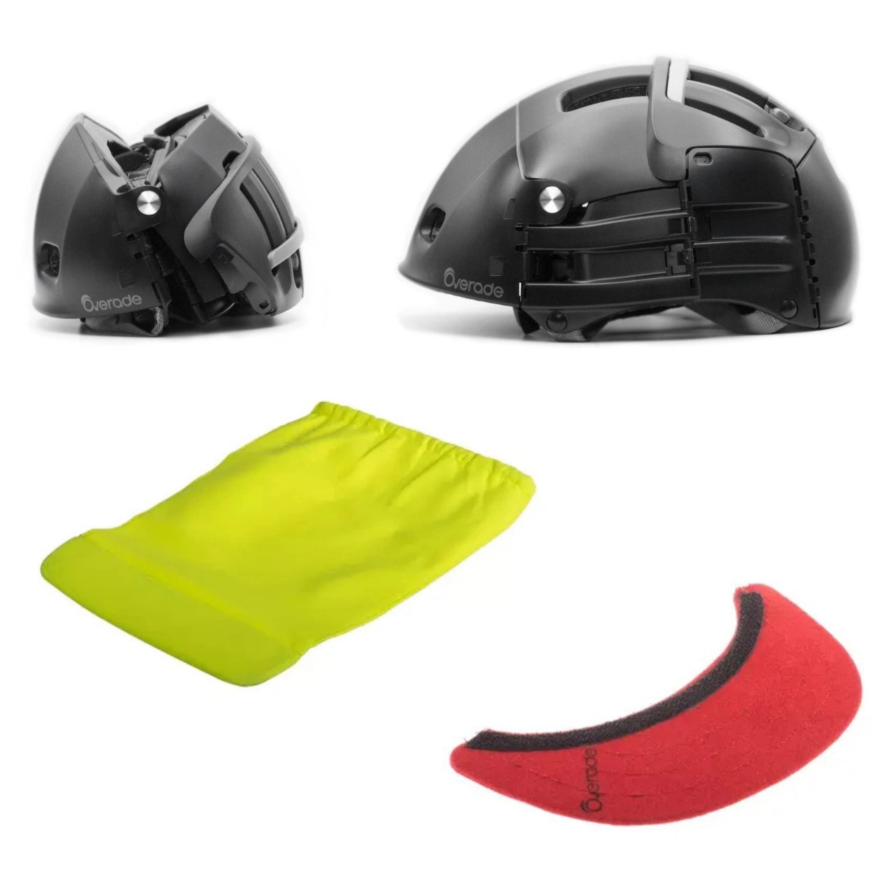 Casque pour vélo et trottinette noir, une version ouverte et une version plié. En dessous se trouve une visière rouge complémentaire et un recouvre casque jaune.  