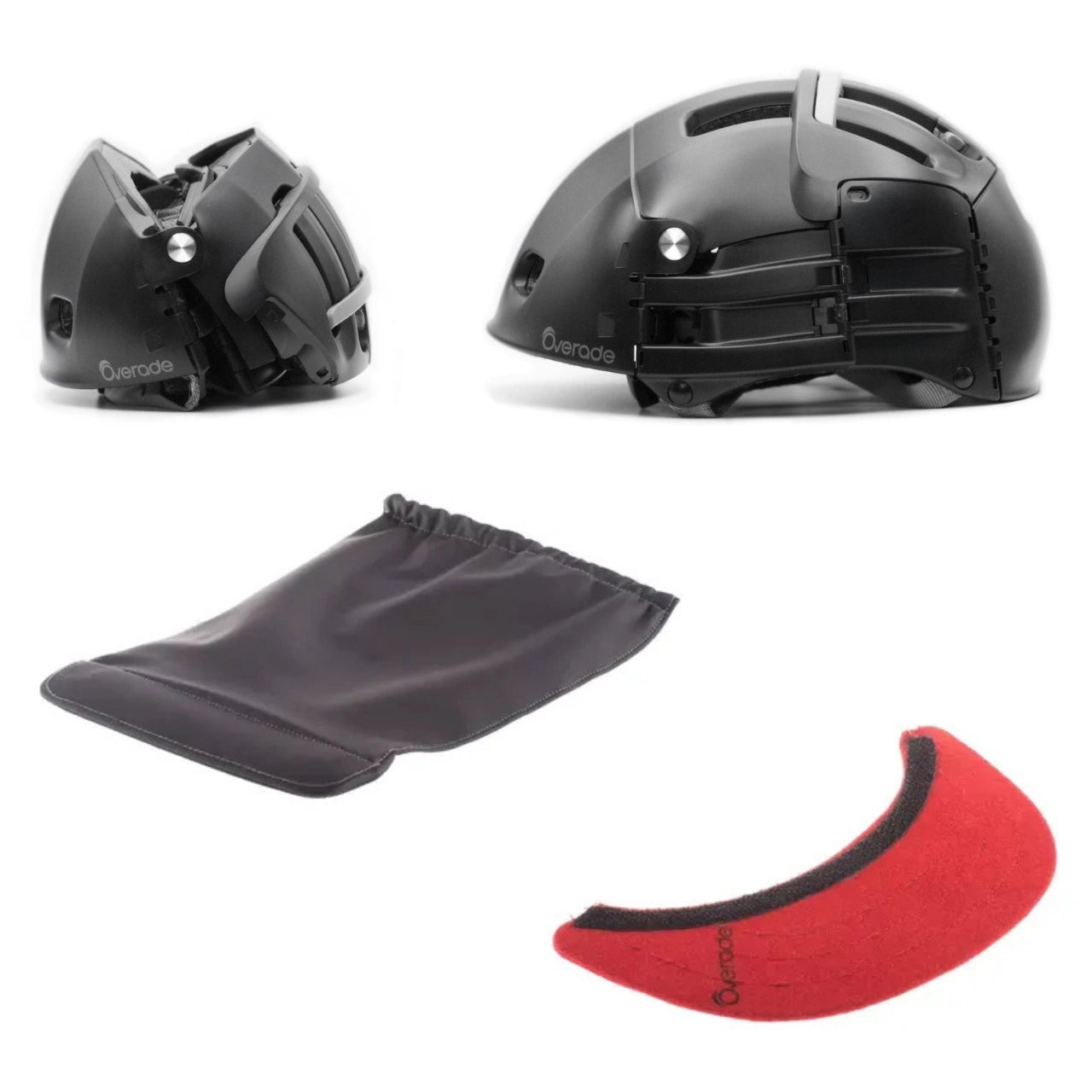 Casque pour vélo et trottinette noir, une version ouverte et une version plié. En dessous se trouve une visière rouge complémentaire et un recouvre casque noir.  