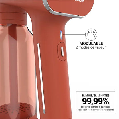 Défroisseur couleur rouille - gros plan bouton modulable 2 modes de vapeur