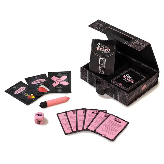 Coffret présenté ouvert avec les articles suivants :
Cartes de défis, mini vibromasseur, dé Kamasutra, monodose d’huile de massage, 
monodose de lubrifiant et monodose de gel intensifiant