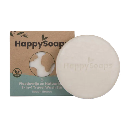 Savon de voyage 3-en-1 The Happy Soaps senteur beach breeze - vue du savon à coté de sa boite