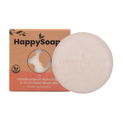 Savon de voyage 3 en 1 The Happy Soaps senteur Sweet Relaxation - vue du savon à coté de sa boite