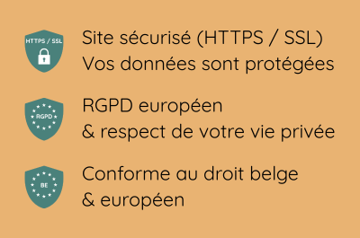 Badge de sécurité HTTPS, SSL, du respect du RGPD, de la via privée et conformité au droit belge et européen