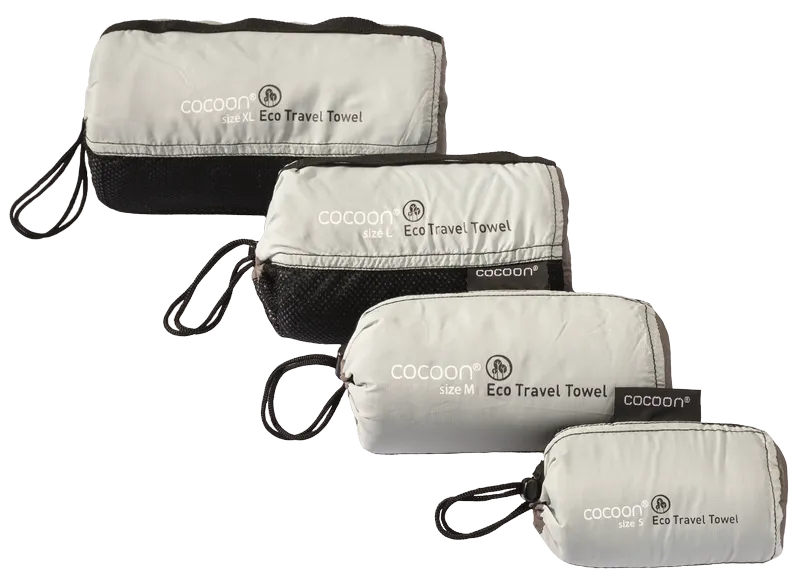 Serviette de voyage ultralégère Cocoon – vue des pochettes : S, M, L et XL