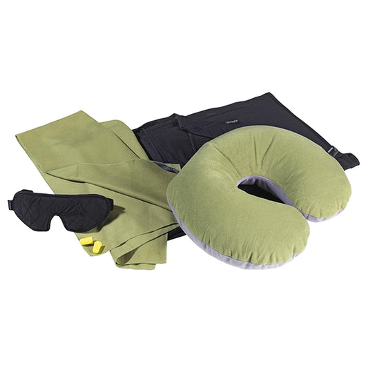 Kit de voyage ultraléger 5 pièces de Cocoon - Wasabi/noir - vue du kit comprenant :  Couverture de voyage CoolMax (180 x 140 cm), Serviette en microfibre ultra-légère (90 x 50 cm), Coussin cervical ultraléger Air-Core, Masque de nuit de luxe, Bouchons d’oreilles 