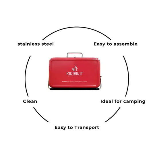 Barbecue à charbon pliable portatif Kikirikit rouge – vue du BBQ de face fermé avec les inscriptions : stainless steel, easy to assemble, clean, easy to transport et ideal for camping - Acier inoxydable, facile à assembler, facile à nettoyer, facile à transporter et idéal pour le camping.