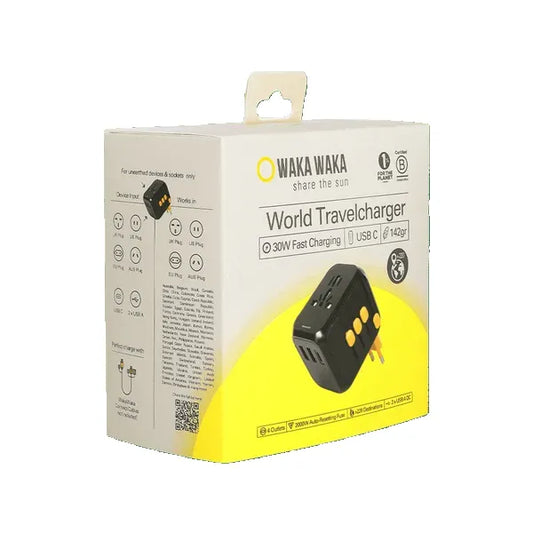 Adaptateur universel Waka waka - vue l'emballage avec une photo en vue lartérale