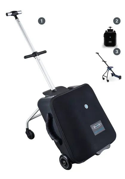 Valise trolley avec siège enfant intégré Micromobility – vue des trois versions : version une : valise avec assise, version deux : valise cabine et version trois :  assisse/poussette