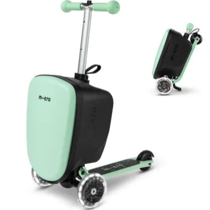 Micromobility Micro Scooter Luggage Junior LED Mint – valise trottinette pour enfants – vue en premier plan de la version dépliée et en arrière-plan de la version pliée