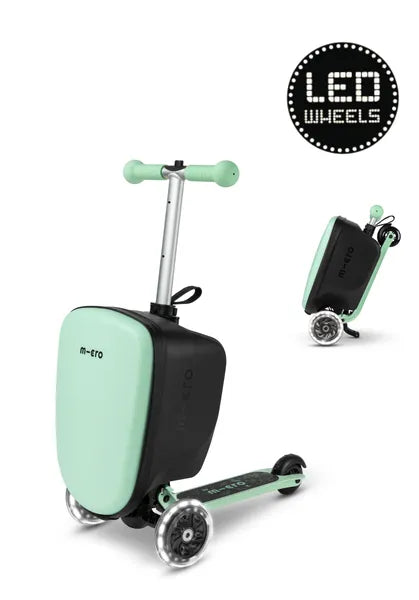 Micromobility Micro Scooter Luggage Junior LED Mint – valise trottinette pour enfants – vue en premier plan de la version dépliée et en arrière-plan de la version pliée