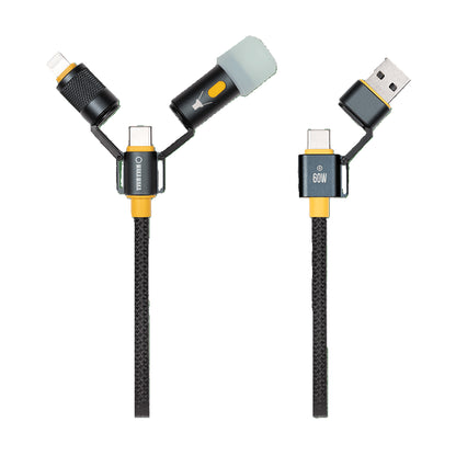 Câble multi-connecteurs Waka Waka Connect – Vue d’ensemble du connecteur, avec les différents embouts détachés, USB-C, USB-A et lampe LED.