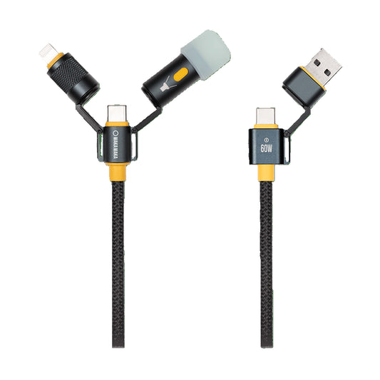 Câble multi-connecteurs Waka Waka Connect – Vue d’ensemble du connecteur, avec les différents embouts détachés, USB-C, USB-A et lampe LED.
