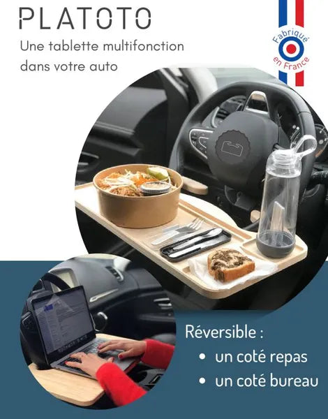 Platoto - Explication du platoto - une tablette multifonction dans votre auto . réversible : un coté repas et un coté bureau